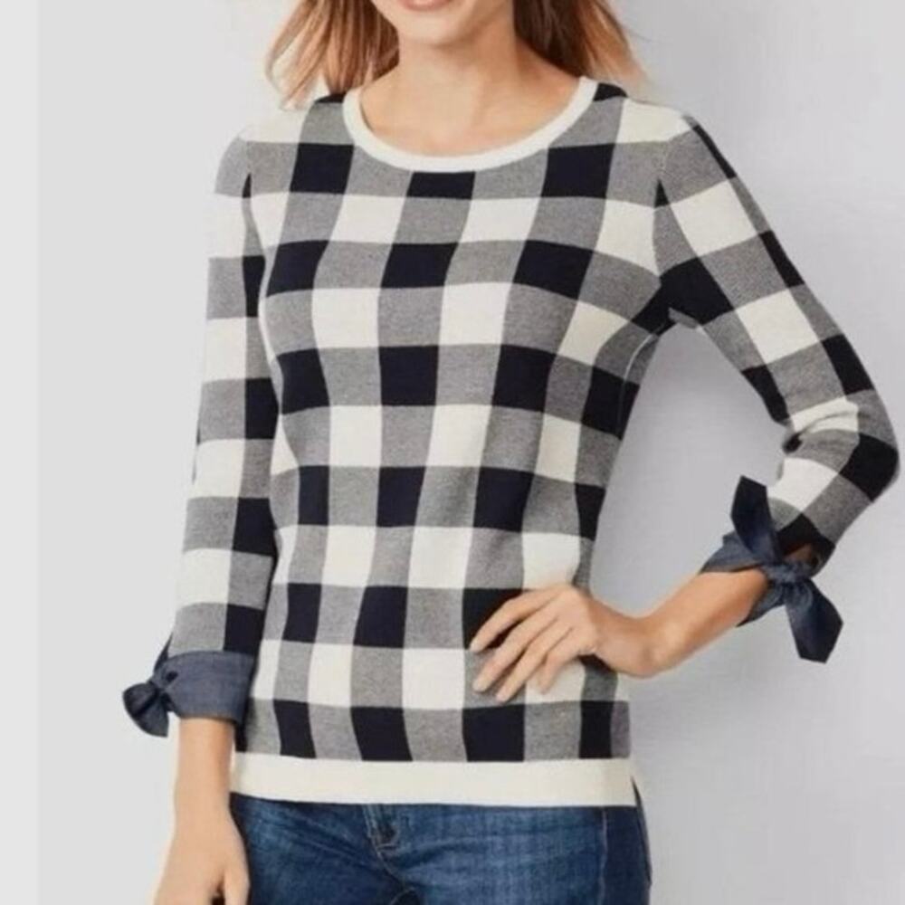 Talbots Buffalo plaid cotton sweater with tie sleeve cuffs Size med NWT